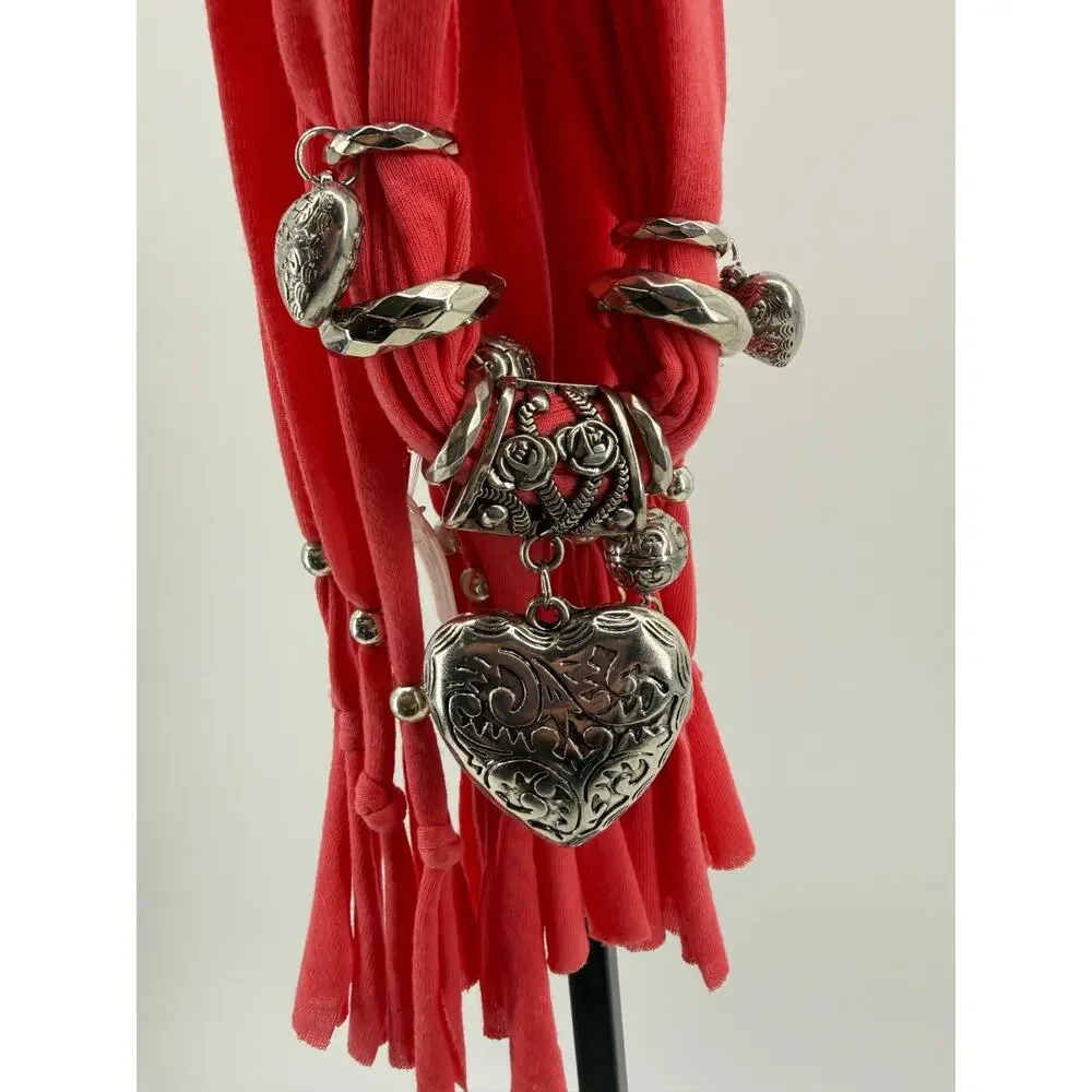 Coral Jewelry Scarf Silver Cross Charm Tassel Necklace Scarf Statement OS